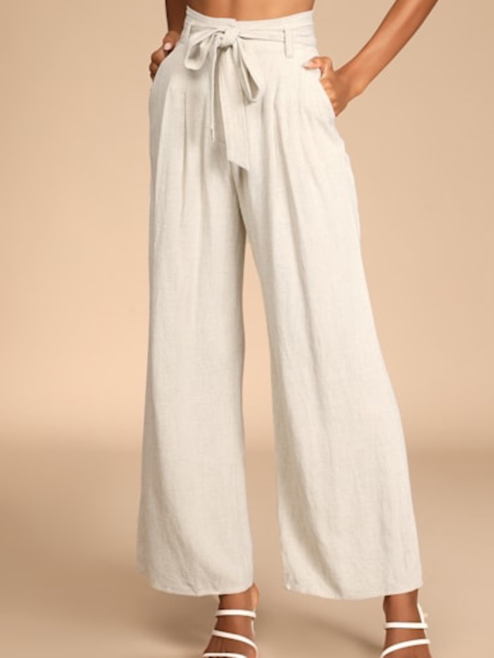 Lulus Trend Alert Beige Belted High-waisted Wide-leg Pants - Size M